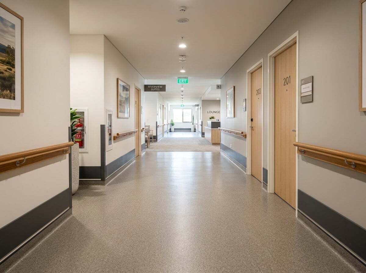 Aged care facility corridor with non-slip rubber flooring