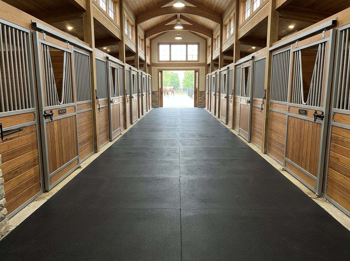 Horse stable interior with black rubber aisle flooring