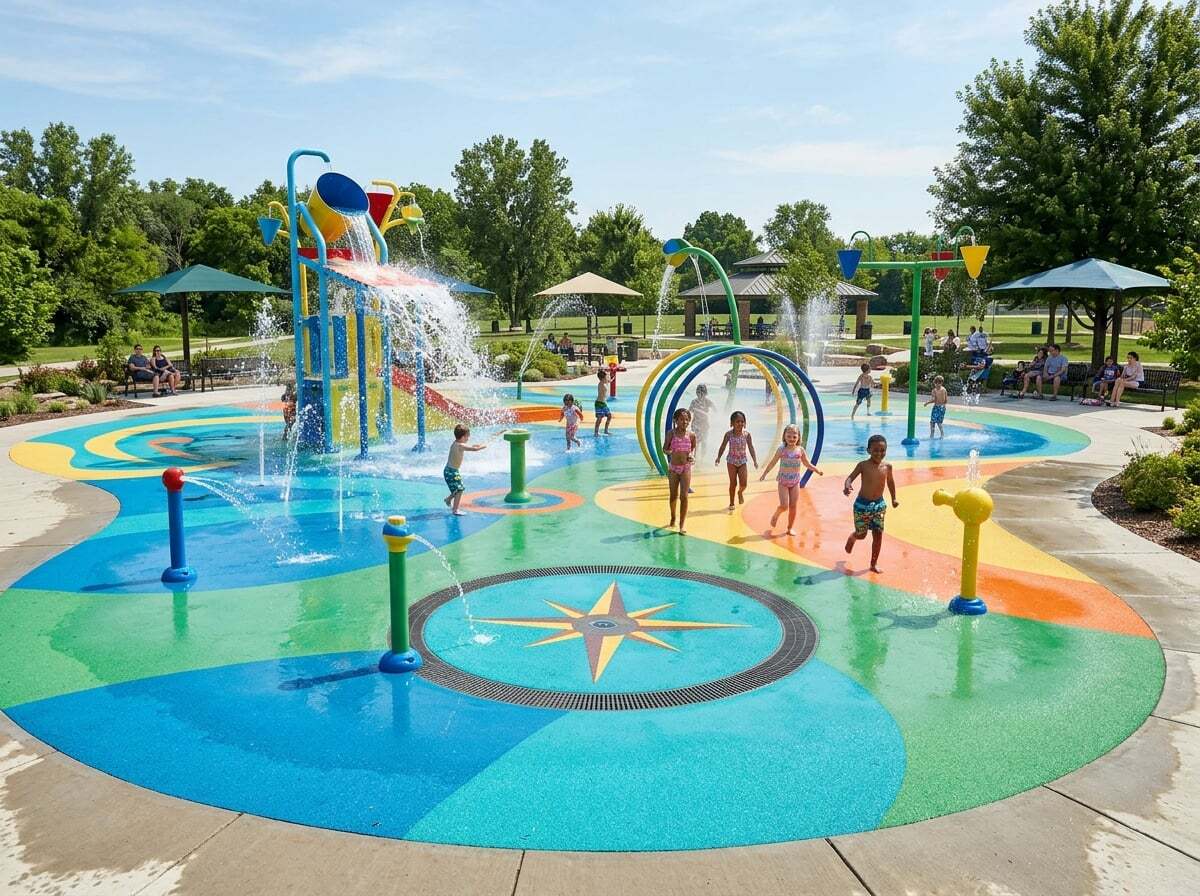 Colourful splash pad with poured rubber water-play surfacing