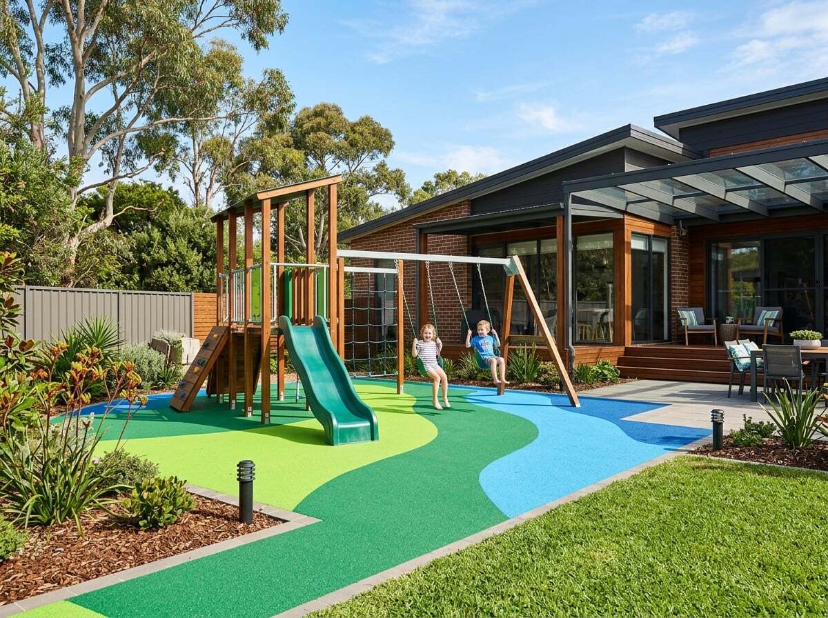 Australian backyard with colourful kids' play rubber surface